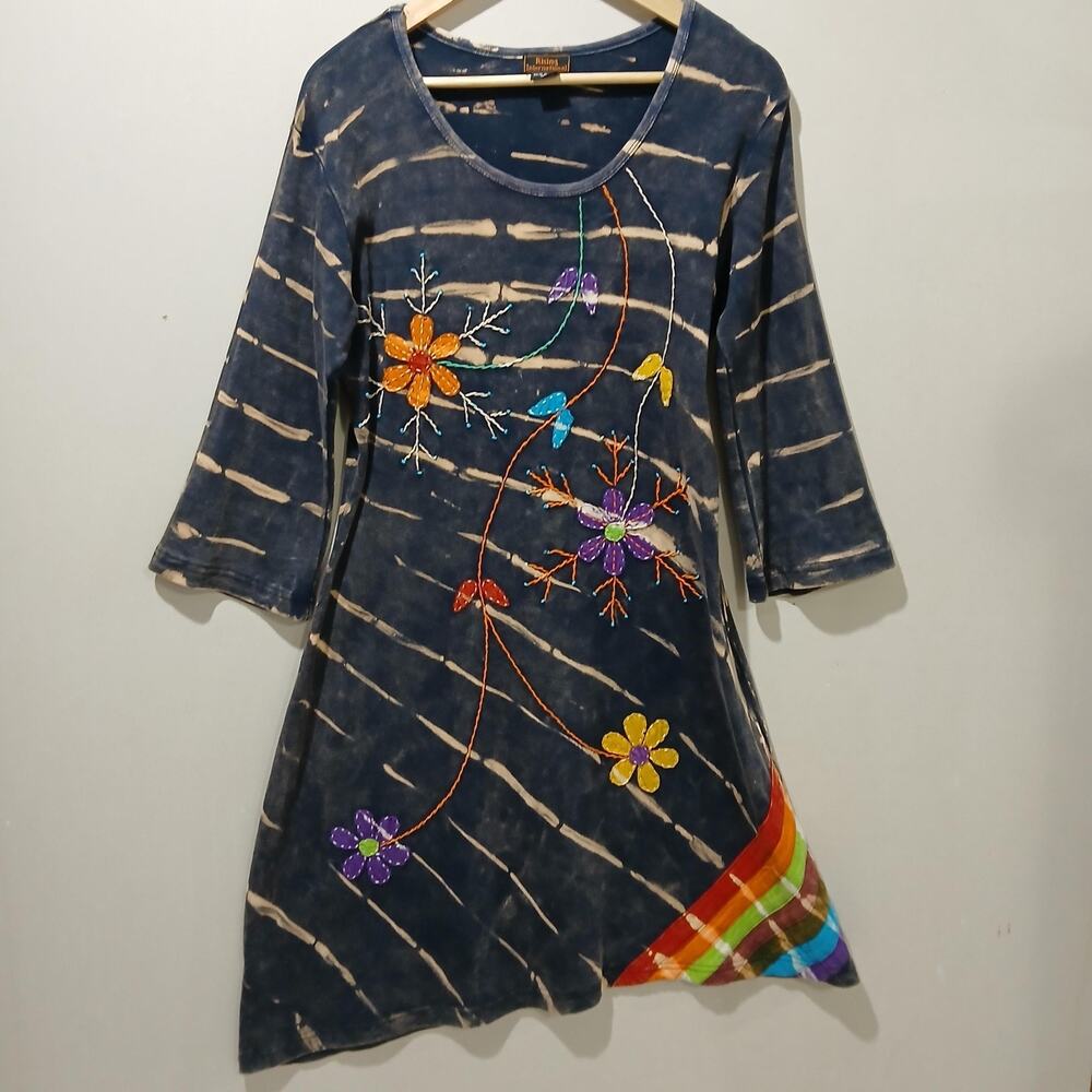 Rising International Dress Womens XL Navy Art to Wear Embroidered Tie Dye Cotton